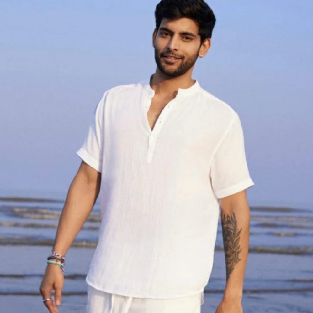 Linen Guru Reverb Mandarin collar white Light Breezy Short Sleeve Shirt  SZ XL